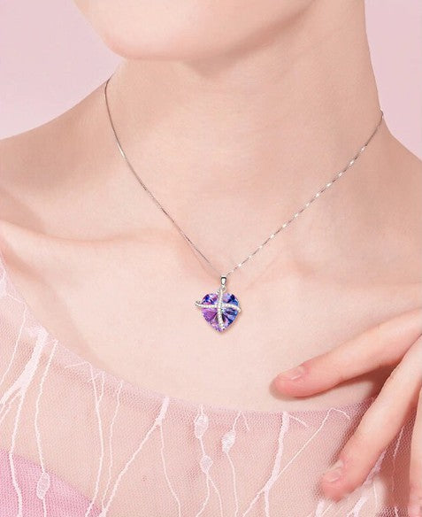 Shinning Vivid Swarovski Sleek Heart Pave Lining Necklace in 18K White Gold - 3 Options Available