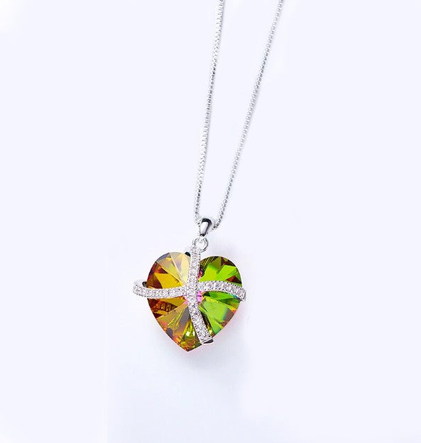 Rainbow Swarovski Sleek Heart Pave Lining Necklace in 18K White Gold