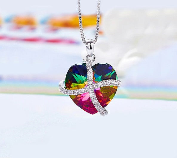 Rainbow Swarovski Sleek Heart Pave Lining Necklace in 18K White Gold