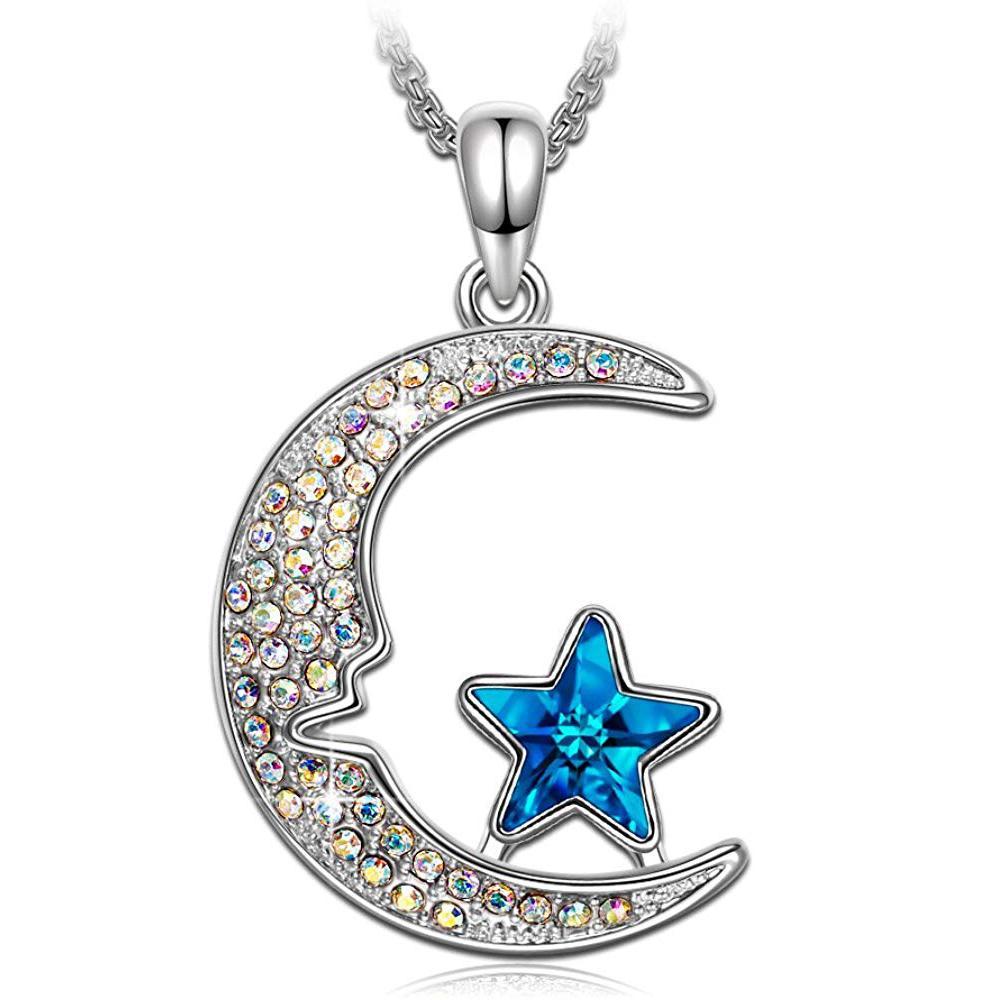 Aurora Borealis Moon & Stars Pendant Crescent Necklace