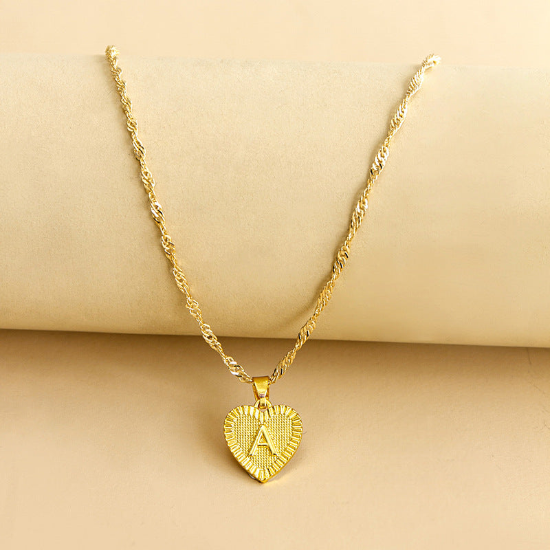 Sleek Gold Medallion Heart Shaped Link Pendant Necklace - All Letters Available