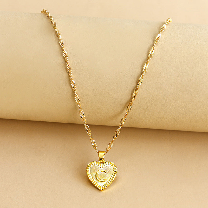 Sleek Gold Medallion Heart Shaped Link Pendant Necklace - All Letters Available
