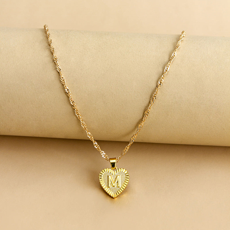 Sleek Gold Medallion Heart Shaped Link Pendant Necklace - All Letters Available