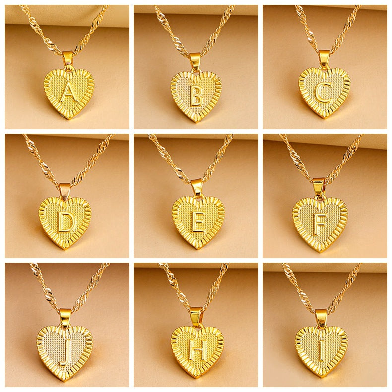 Sleek Gold Medallion Heart Shaped Link Pendant Necklace - All Letters Available