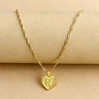Sleek Gold Medallion Heart Shaped Link Pendant Necklace - All Letters Available