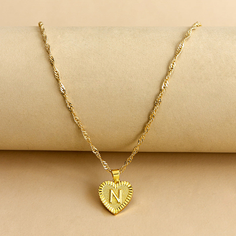 Sleek Gold Medallion Heart Shaped Link Pendant Necklace - All Letters Available