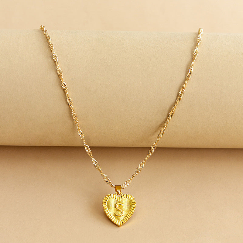 Sleek Gold Medallion Heart Shaped Link Pendant Necklace - All Letters Available