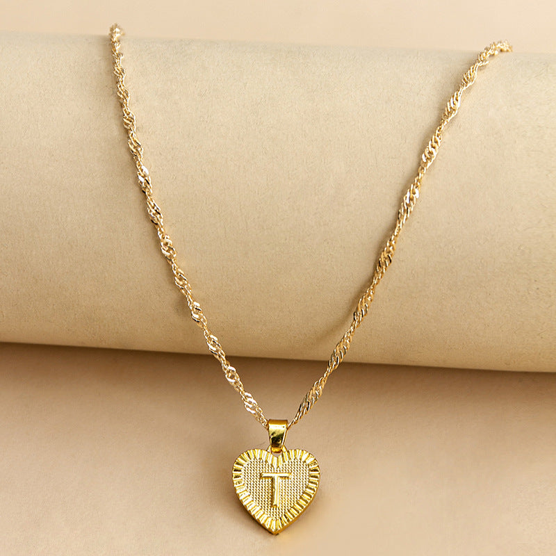 Sleek Gold Medallion Heart Shaped Link Pendant Necklace - All Letters Available