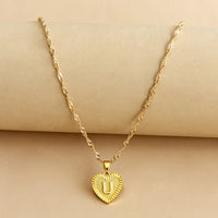 Sleek Gold Medallion Heart Shaped Link Pendant Necklace - All Letters Available