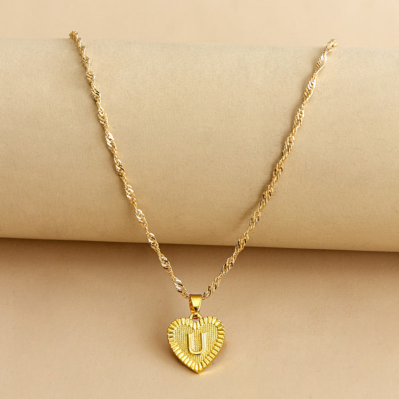 Sleek Gold Medallion Heart Shaped Link Pendant Necklace - All Letters Available