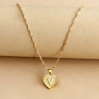 Sleek Gold Medallion Heart Shaped Link Pendant Necklace - All Letters Available