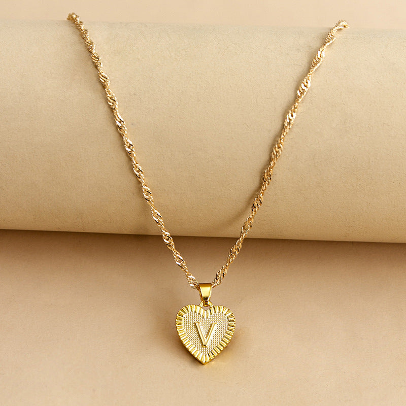 Sleek Gold Medallion Heart Shaped Link Pendant Necklace - All Letters Available