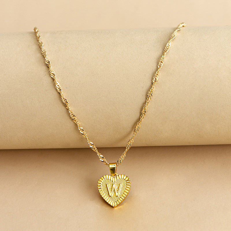 Sleek Gold Medallion Heart Shaped Link Pendant Necklace - All Letters Available