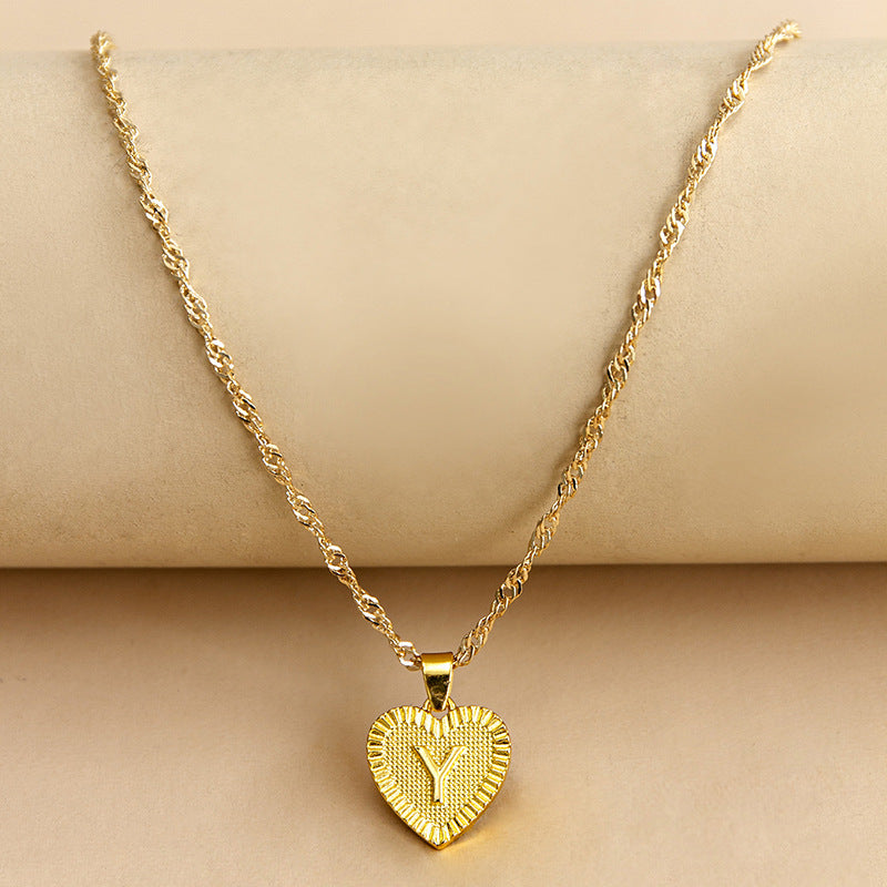 Sleek Gold Medallion Heart Shaped Link Pendant Necklace - All Letters Available