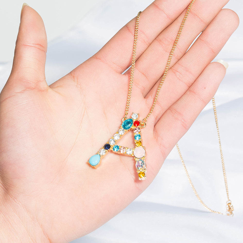 Multi-Rainbow Crystal Initial Gold Plating Necklace