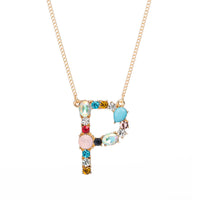 Multi-Rainbow Crystal Initial Gold Plating Necklace