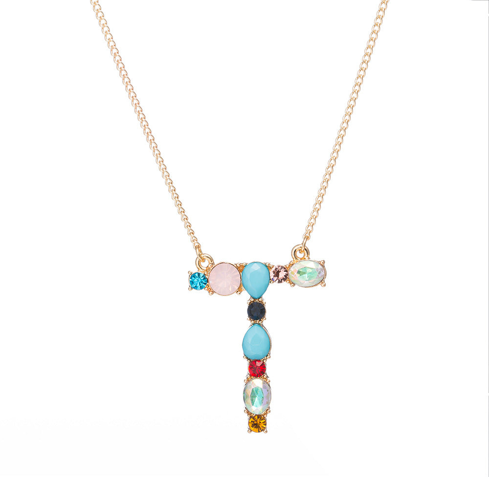 Multi-Rainbow Crystal Initial Gold Plating Necklace