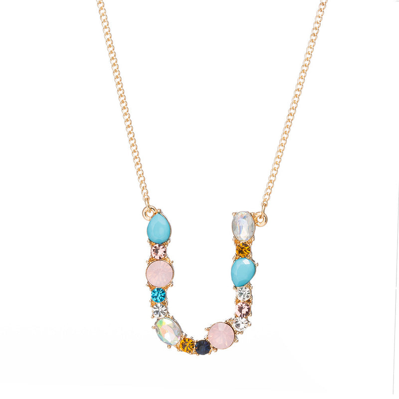 Multi-Rainbow Crystal Initial Gold Plating Necklace