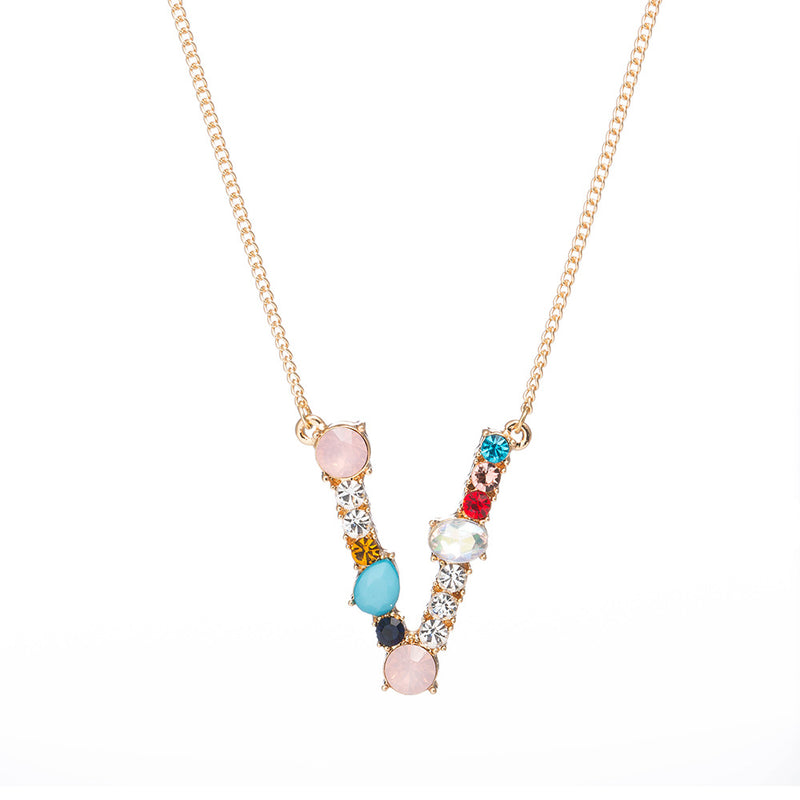 Multi-Rainbow Crystal Initial Gold Plating Necklace
