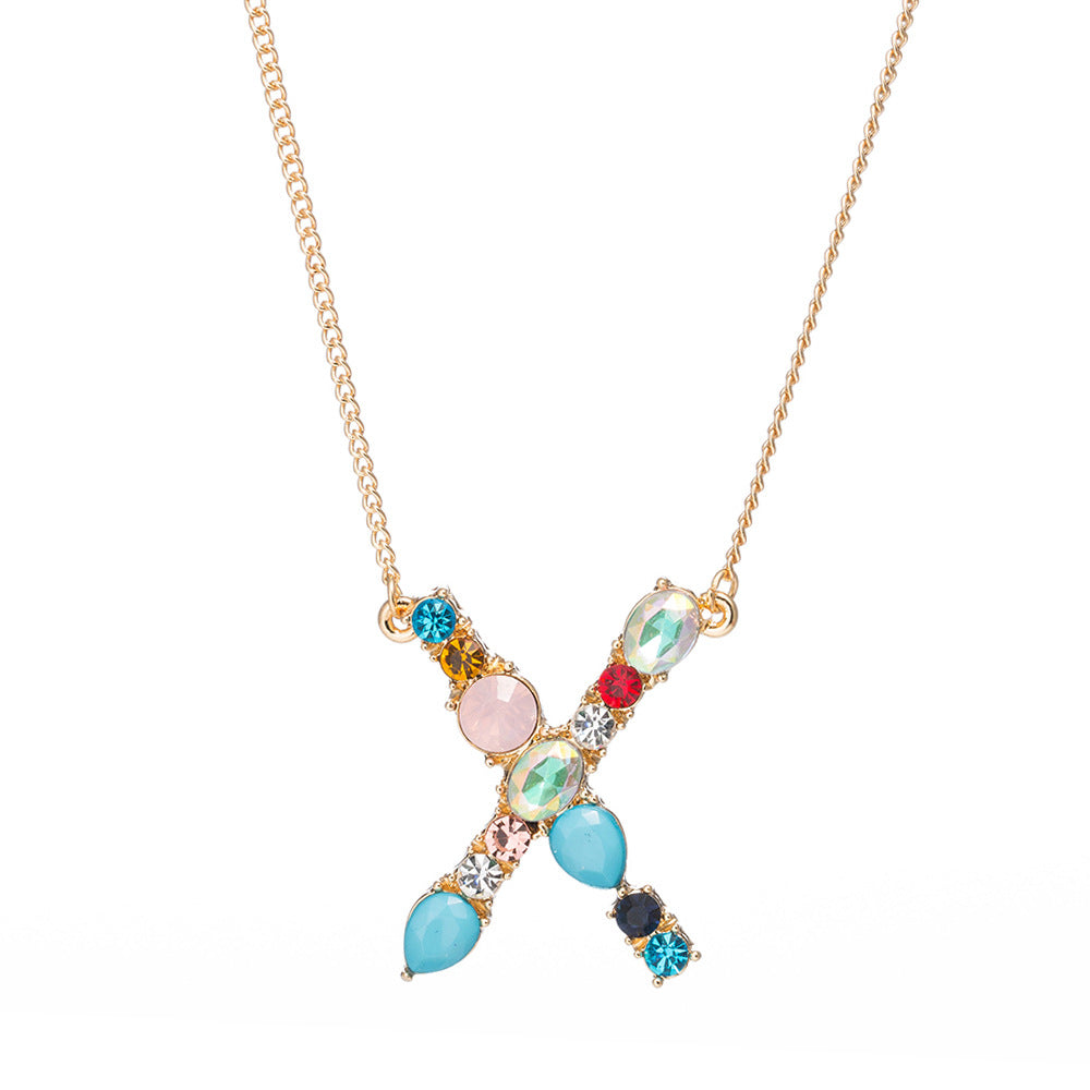 Multi-Rainbow Crystal Initial Gold Plating Necklace