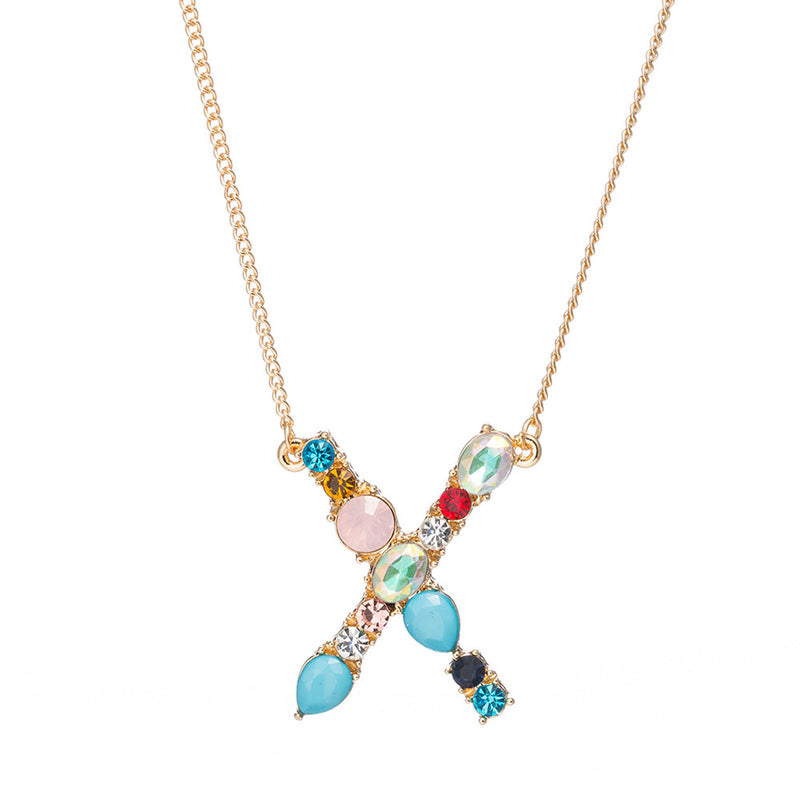 Multi-Rainbow Crystal Initial Gold Plating Necklace