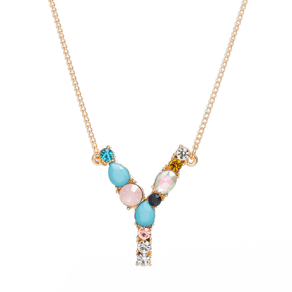 Multi-Rainbow Crystal Initial Gold Plating Necklace