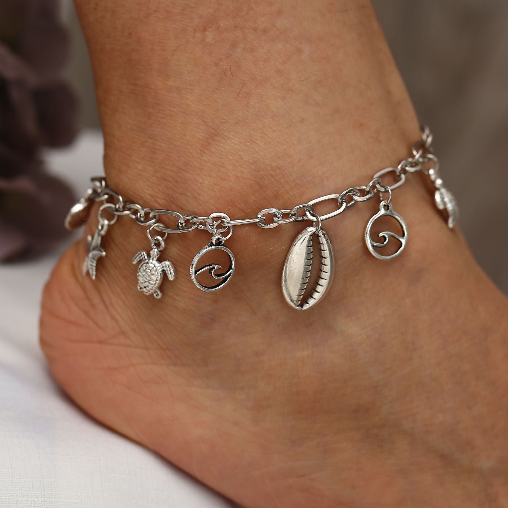 Silver Plating Turtle & Seashells Anklet