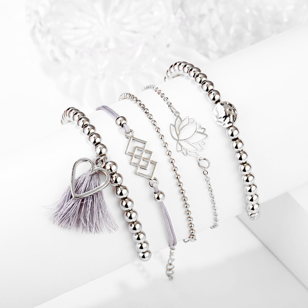 5-Piece Silver Plating Tassel Pendant Bracelet Set