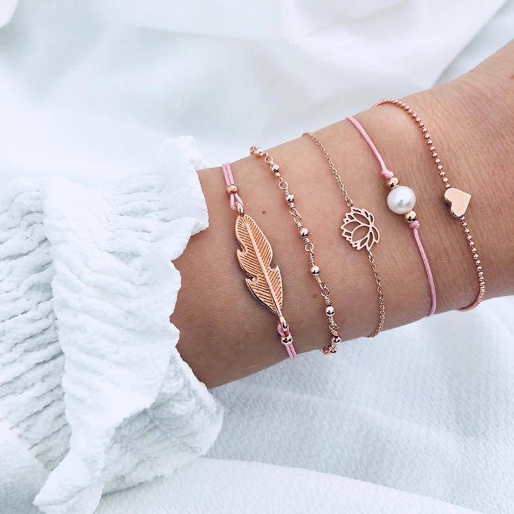 5- Piece Pink Feather & Faux Pearl Bracelet Set