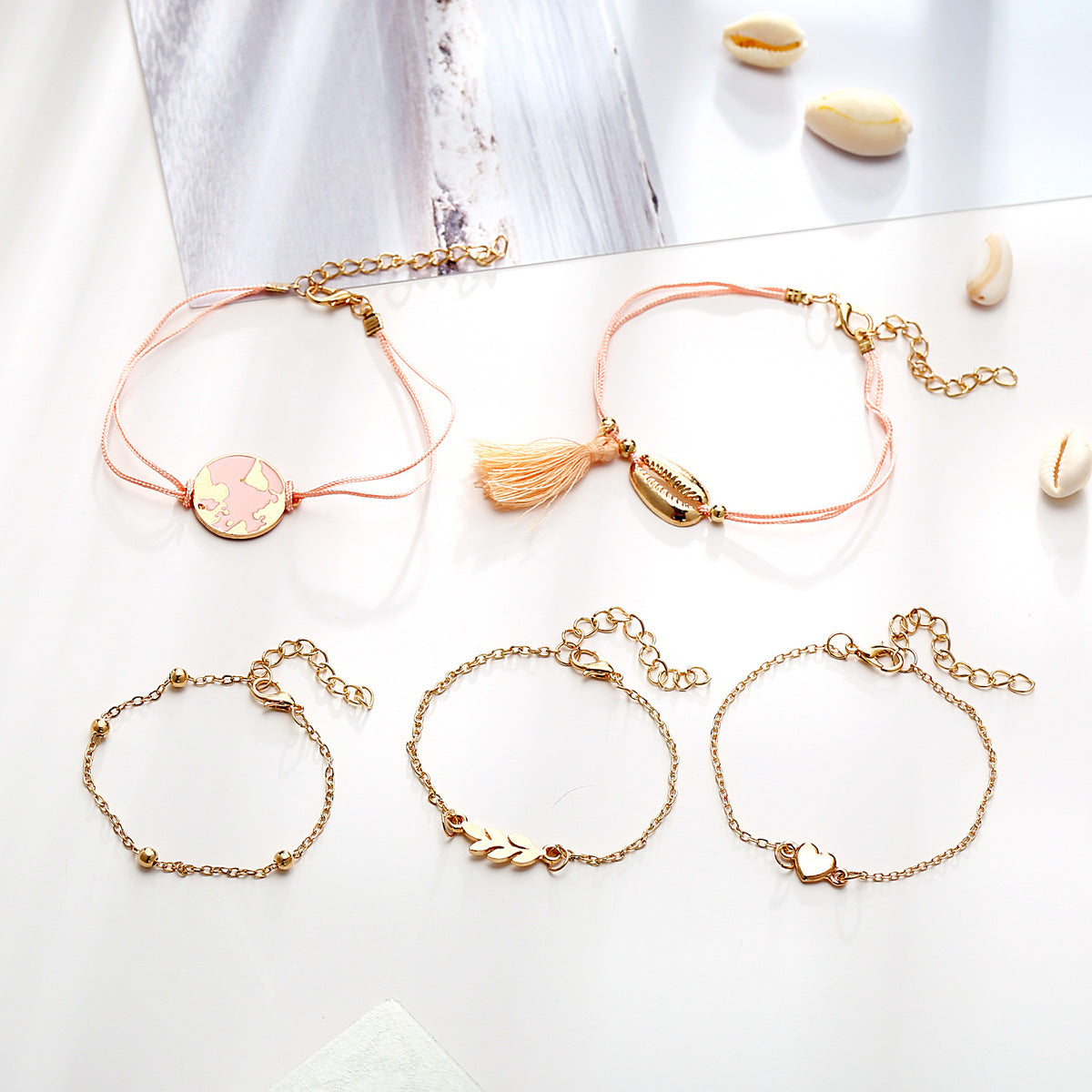 5-Piece Pink Enamel Abstract Bracelet Set