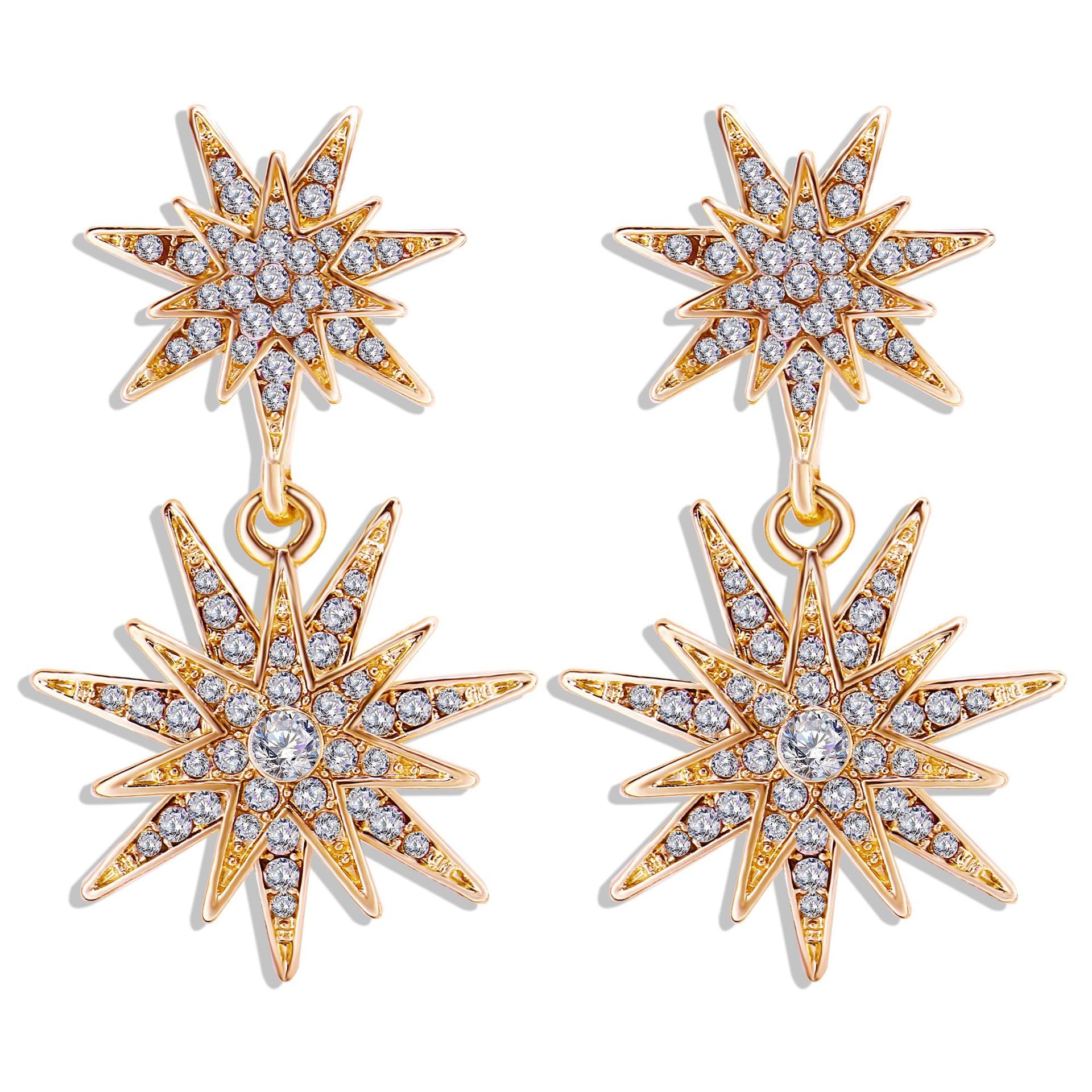Gold Plating White Crystal Pave Star Duo Drop Earrings
