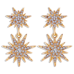 Gold Plating White Crystal Pave Star Duo Drop Earrings