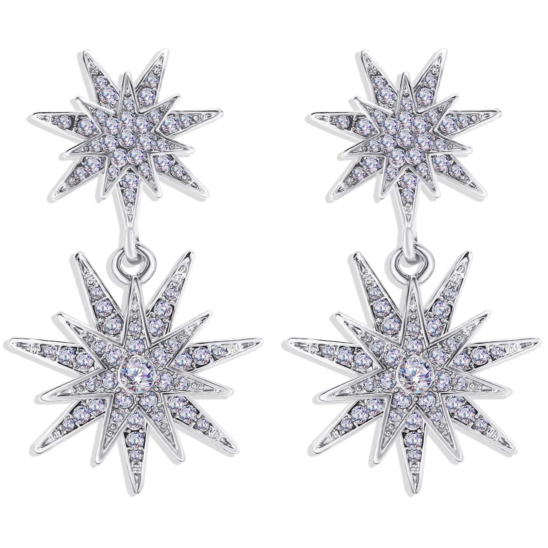 Silver Plating White Crystal Pave Stardust Drop Earrings