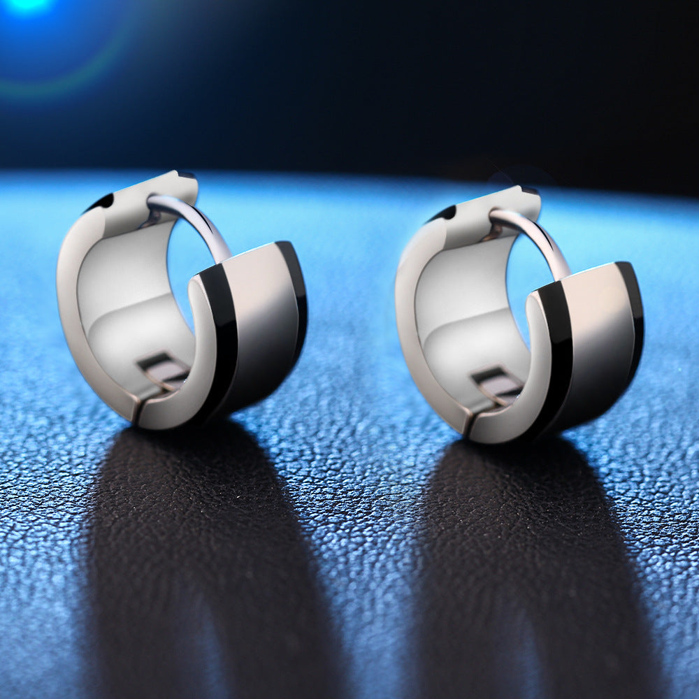 Black Enamel Metallic Silver Hoop Earrings