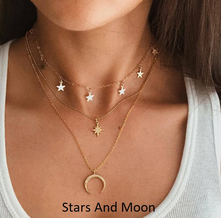 Stars & Moon Crystal Pave Statement Necklace in Gold Plating