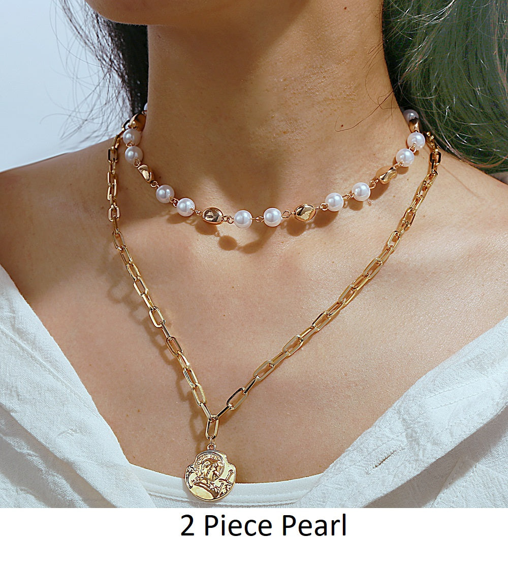 Gold Plating Pearls Multi-Link Statement Necklace