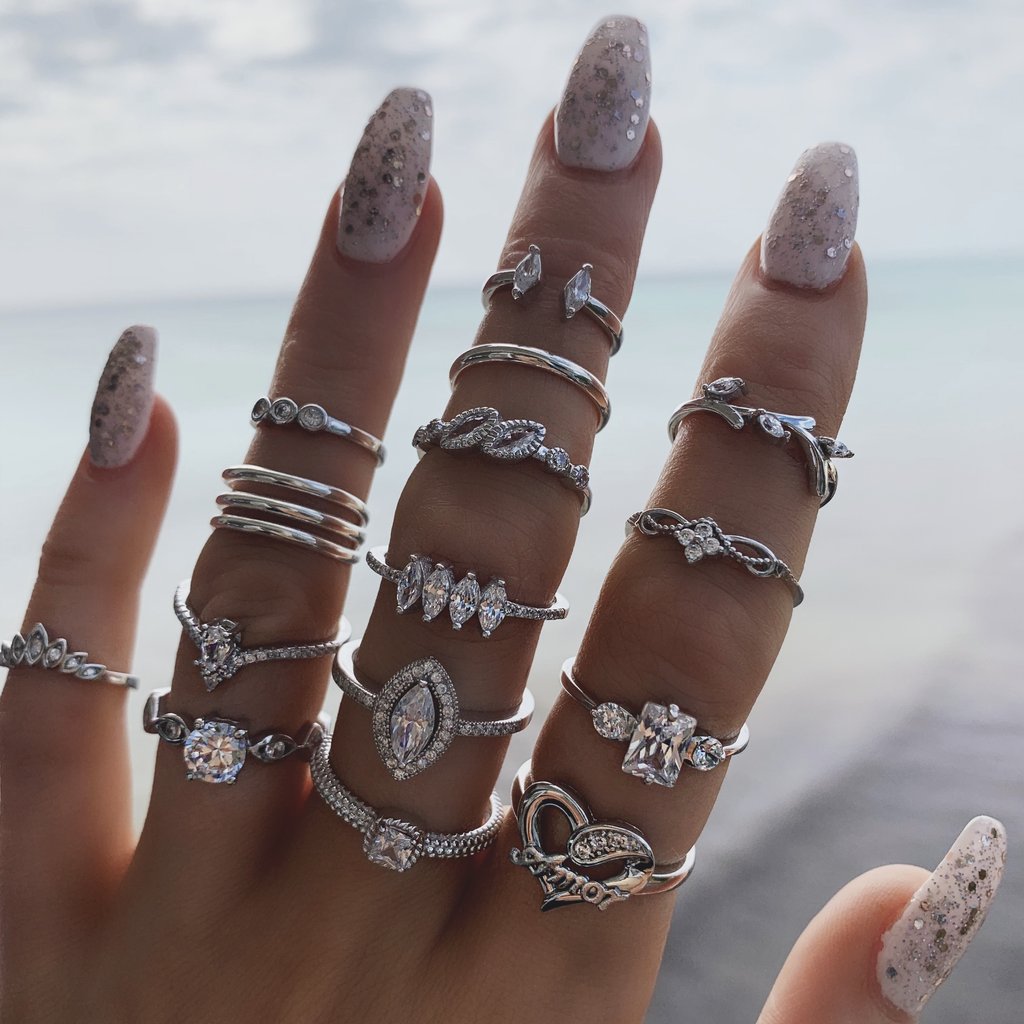 15-Pack White Crystal Princess Cut Ring Set
