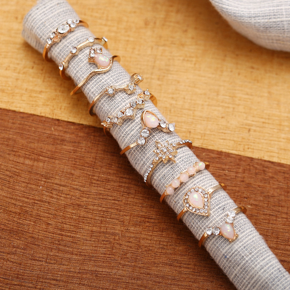 10-Pack Pink Opal Pave Ring Set in Gold Plating