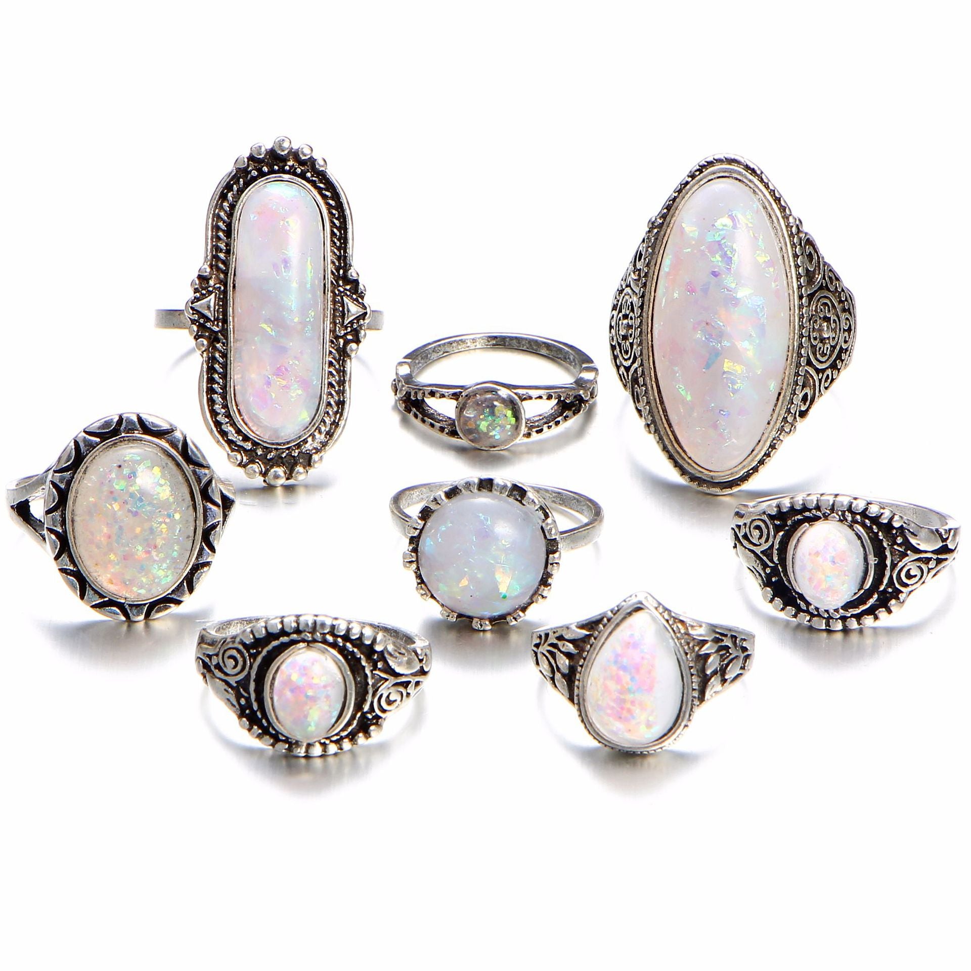 8-Pack Silver Plating Simulated Opal Ring Set