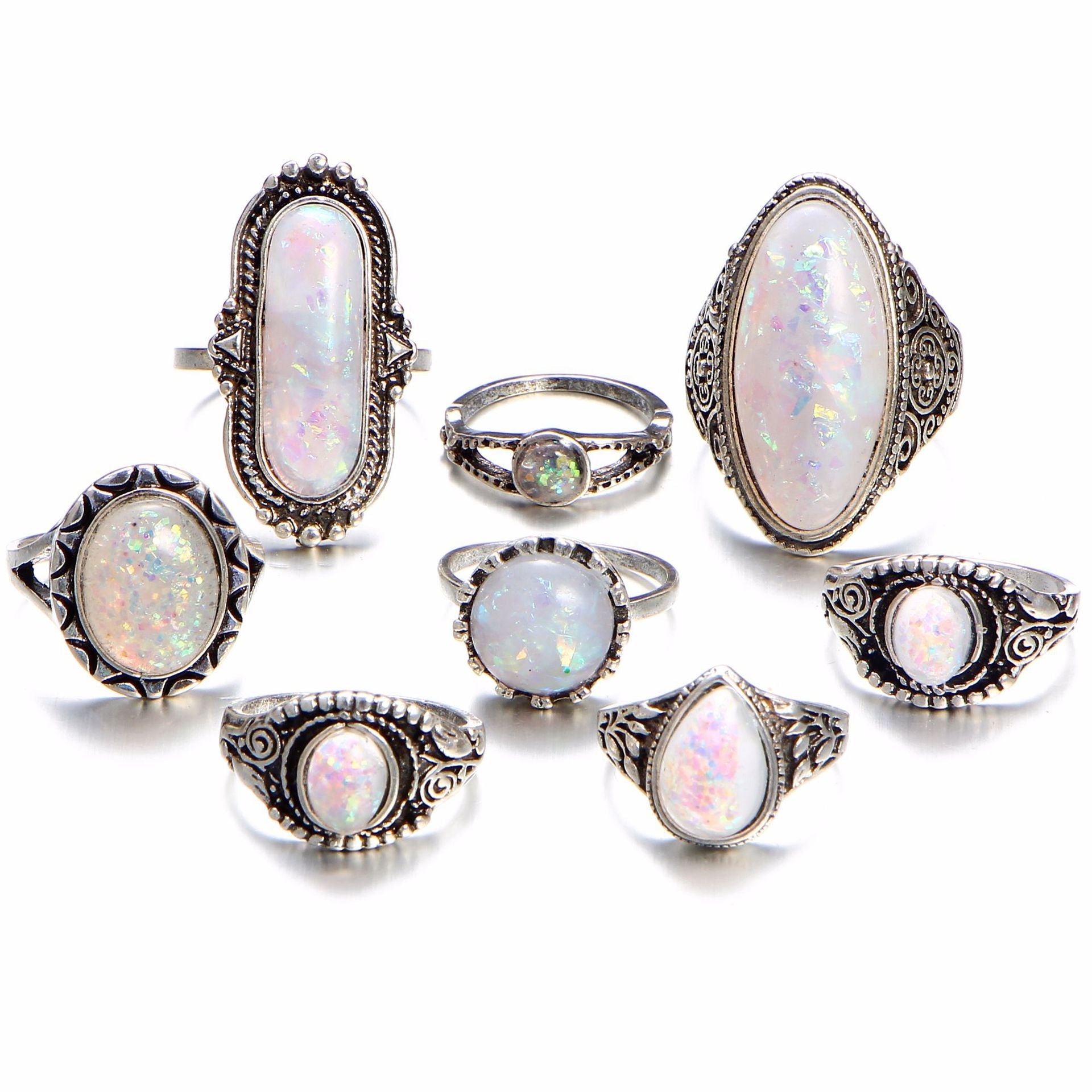 8-Pack Silver Plating Opal Ring Set