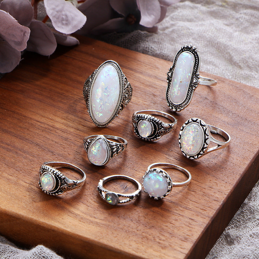 8-Pack Silver Plating Opal Ring Set