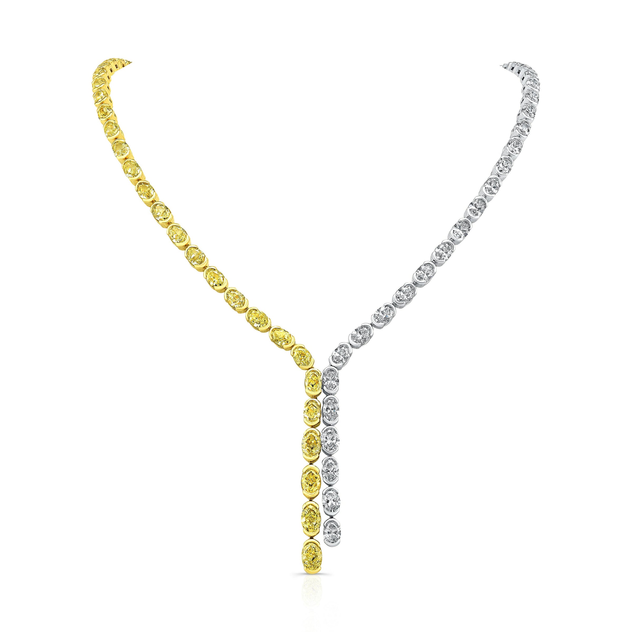 Lariat Necklace with White and Yellow Oval Diamonds