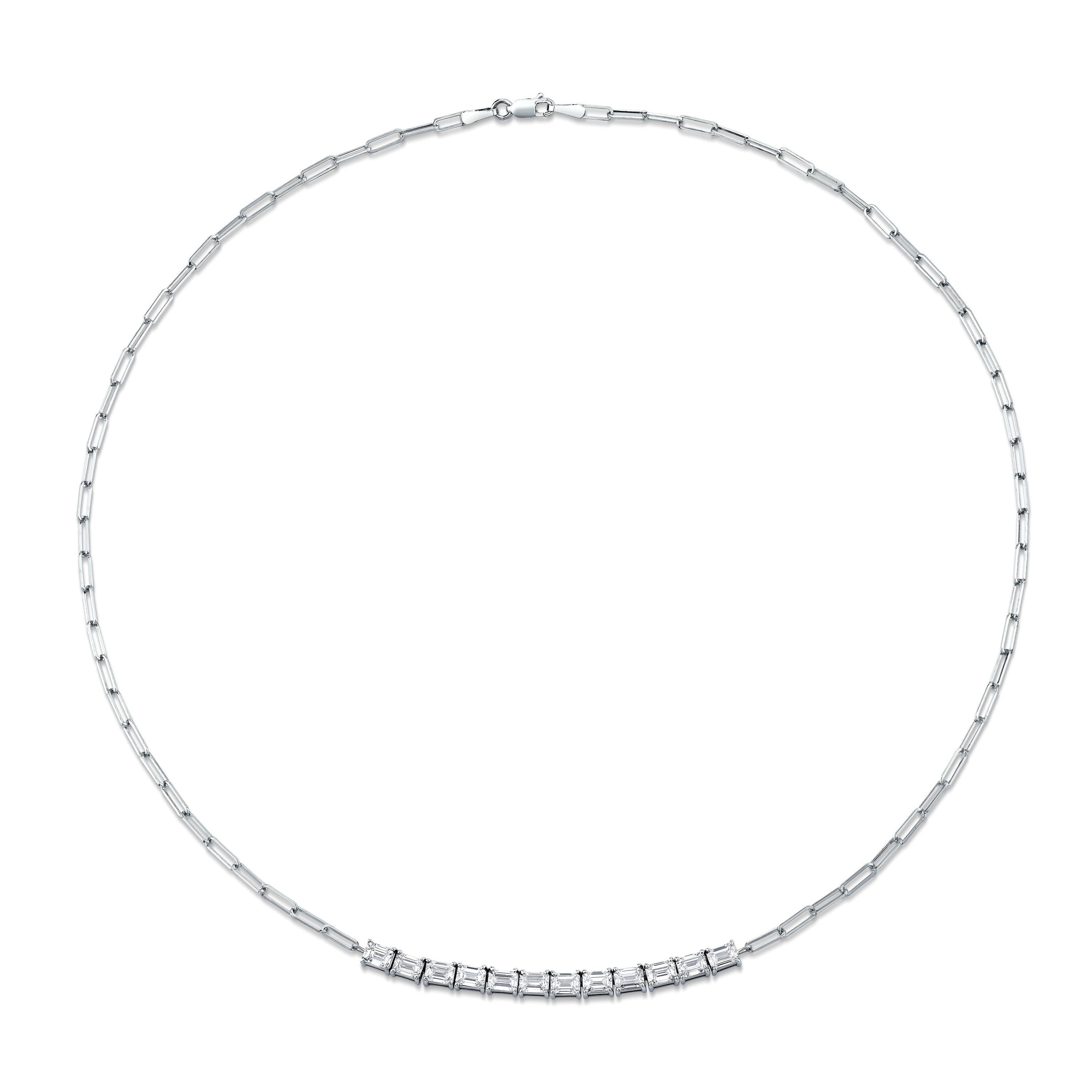 Floating East West Emerald Cut diamond Pendant on Paperclip Chain