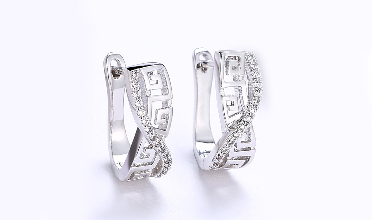 18K White Gold Plated Swarovski Elements Pave Greek Key Design Pave Curved Hinge Earrings