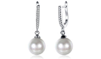 White Swarovski Elements Thin Dangling Freshwater Pearl Clip On Earrings in 18K White Gold Plating