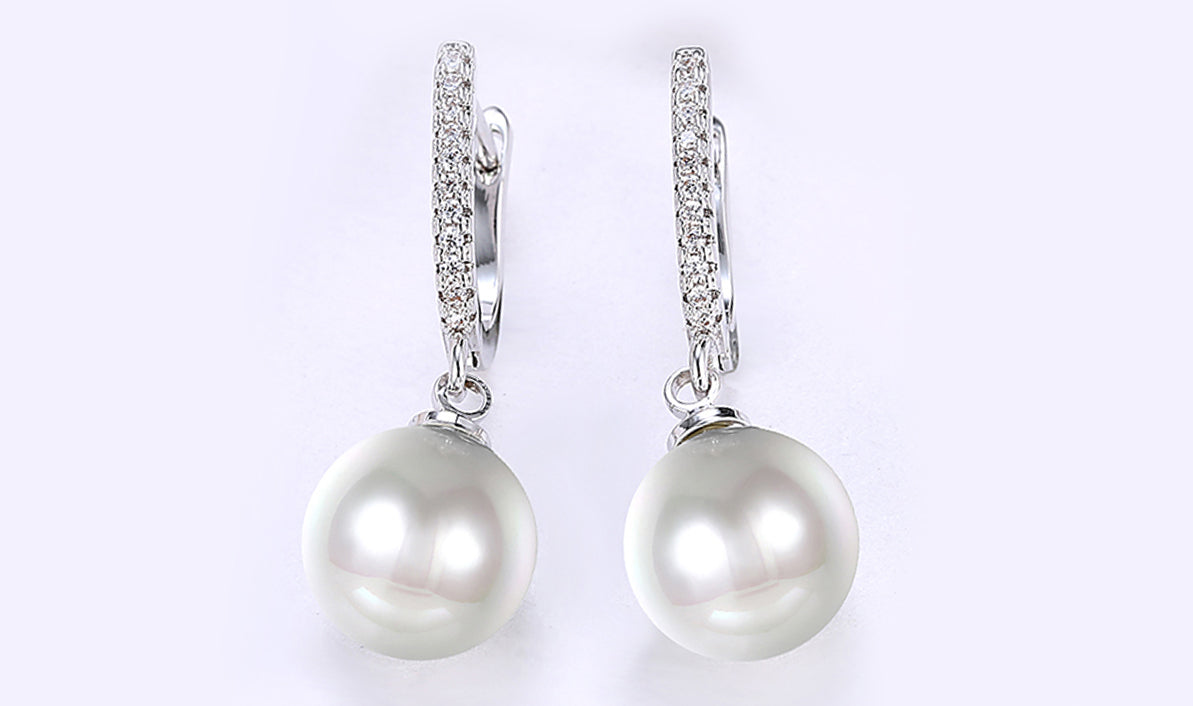 White Swarovski Elements Thin Dangling Freshwater Pearl Clip On Earrings in 18K White Gold Plating