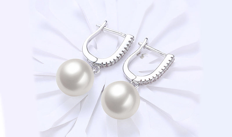 White Swarovski Elements Thin Dangling Freshwater Pearl Clip On Earrings in 18K White Gold Plating