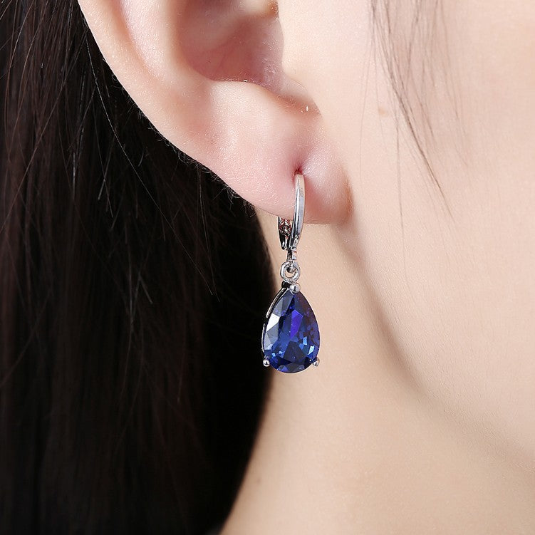 5.55 CTTW Sapphire Pear Shaped Drop Earrings Set in 18K White Gold - Golden NYC Jewelry