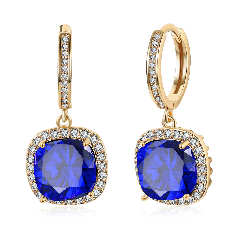 Blue Crystal Asscher Cut Halo Drop Earrings in 14K Gold Plating