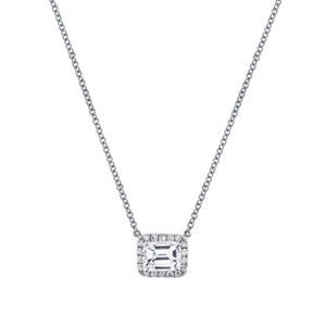 Emerald Cut Diamond Halo Pendant in 18k White Gold